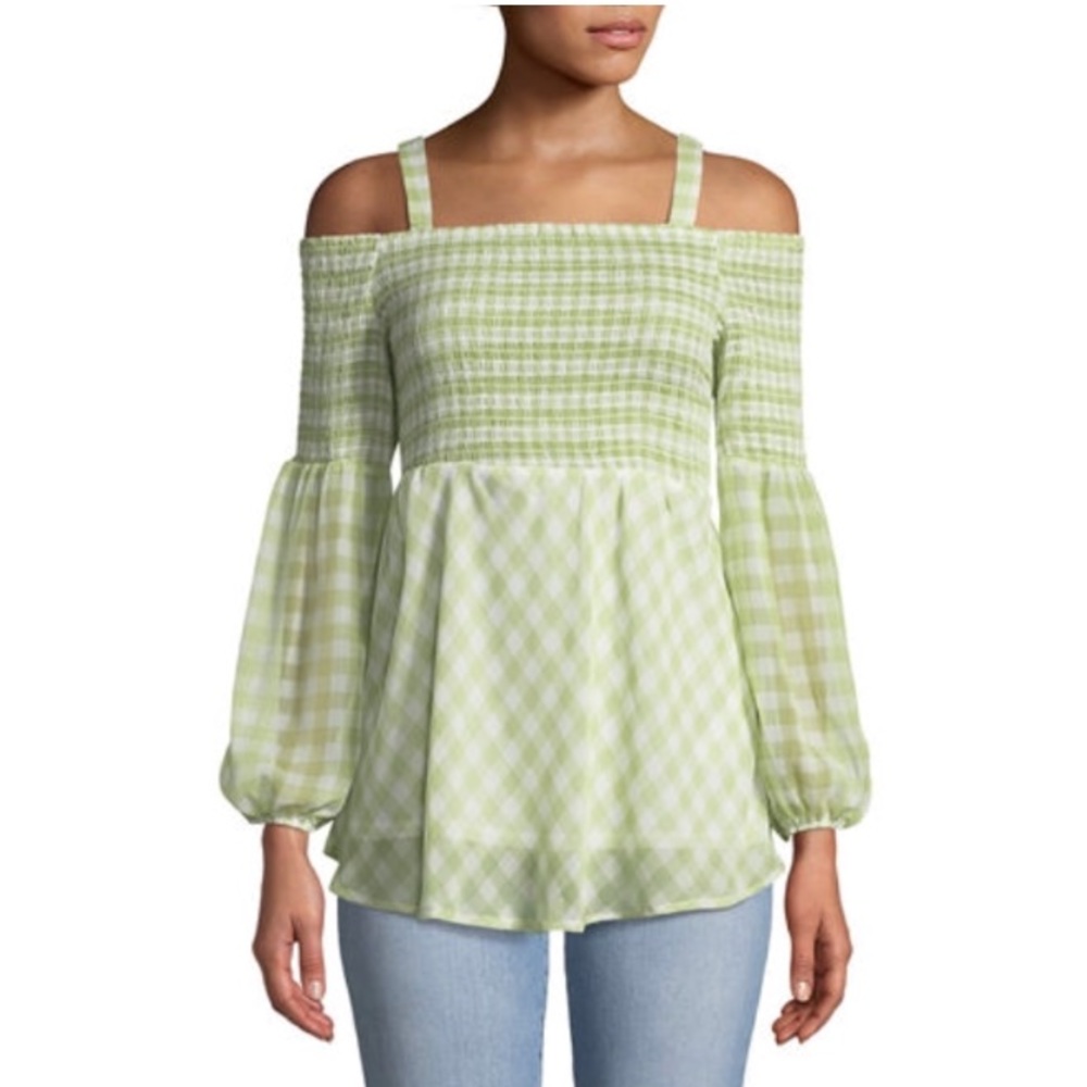 Cold-Shoulder Gingham-Chiffon Blouse
